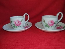 2 Kaffeetassen m. Untertasse, Meissen Porzellan, Rote Rose, Schwanenhenkel