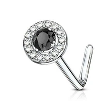 Nose L Bend Ring Button Style Black Gem 6mm Head 20 Gauge 1/4" Steel 