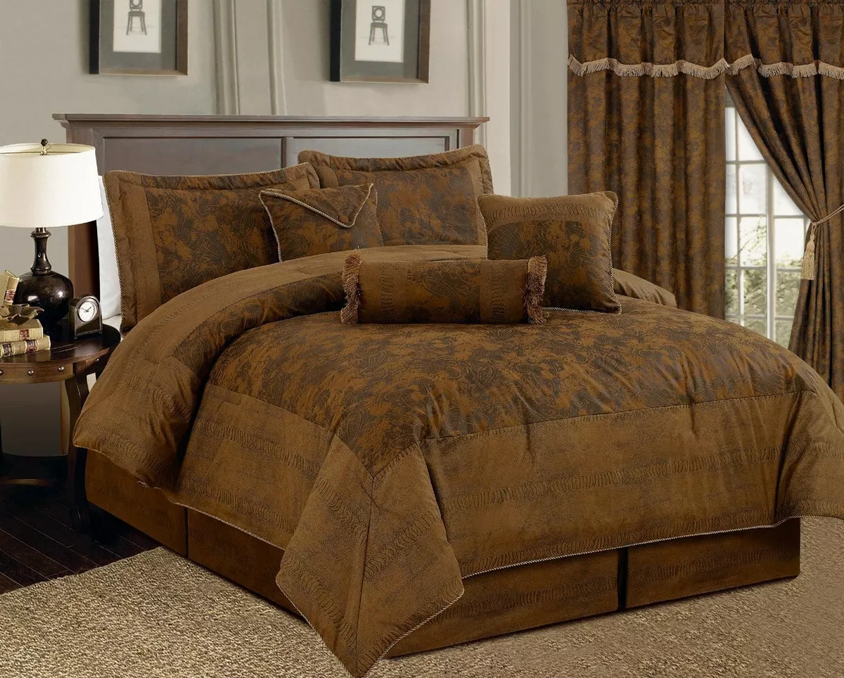 Full Queen Cal King Bed Brown Camel Rustic Paisley Faux Suede 7 pc Comforter Set