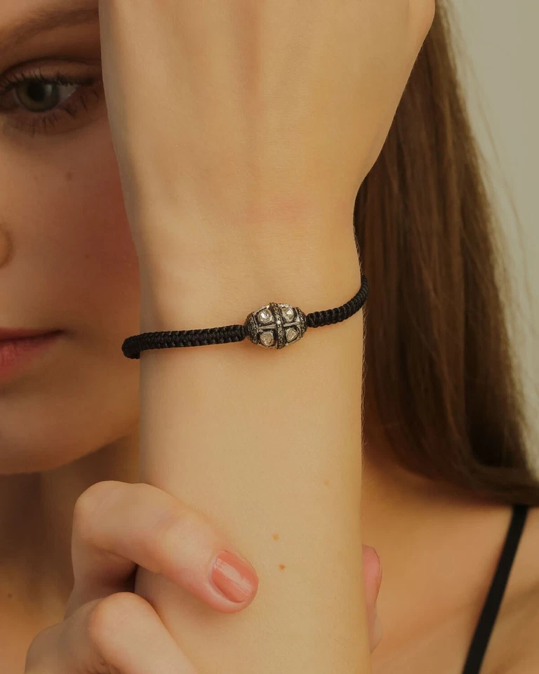 925 Sterling Silver & Diamond Black Macrame Thread Braide Bracelet For Gift - Image 3 of 4