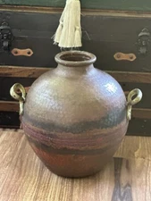 Vintage Large Solid Copper & Brass Primitive Hammered Handled Jug Pot Planter