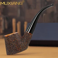 MUXIANG Carved Volcano Pipe 9mm Filter Briar Wooden Tobacco Pipe Bent Stem Brown
