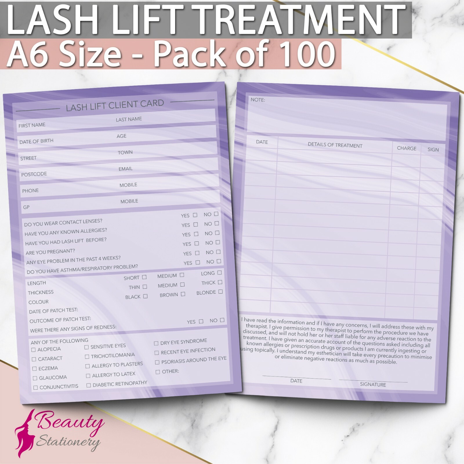 Lash Lift Client Record Card Consultation Form PREMIUM Lash Lift Salon x100