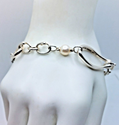 Michael Dawkins .925 Sterling asymmetrisches Gliederarmband mit Perle 7,5 Zoll