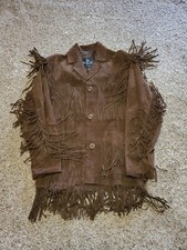 Oscar Piel Fringed Leather Jacket Medium Womens Brown Suede Button Up Western