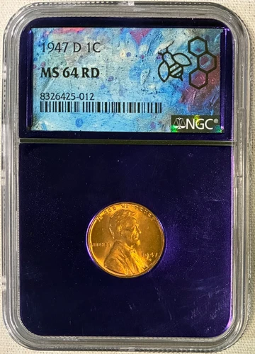 1947-D Lincoln Cent (Wheat Penny), NGC MS-64 RD, Purple Core Holder