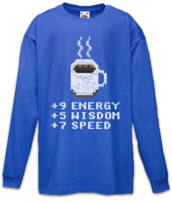 Pixel Coffee Kinder Langarm T-Shirt Gamer Fun Nerd RPG MMORPG Rollenspiel Kaffee