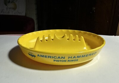 Vintage American Hammered Piston Rings Yellow Plastic Ashtray Ges-Line Mint!