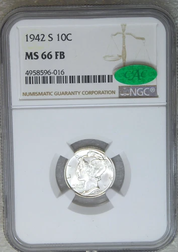 1942-S Mercury Dime NGC MS66FB CAC Blast White Full Bands Super Luster PQ #E57B
