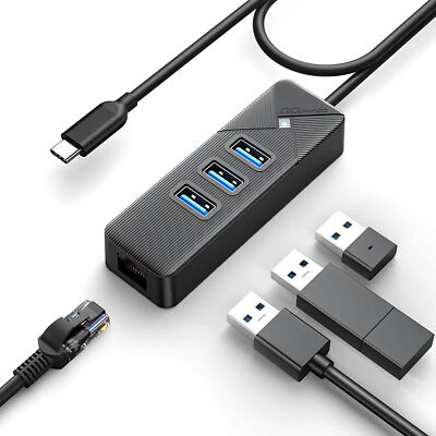 USB C auf 3 x USB 3.0 und RJ45 Ethernet Lan Adapter Hub Kabel Mac 50cm Netzwerk