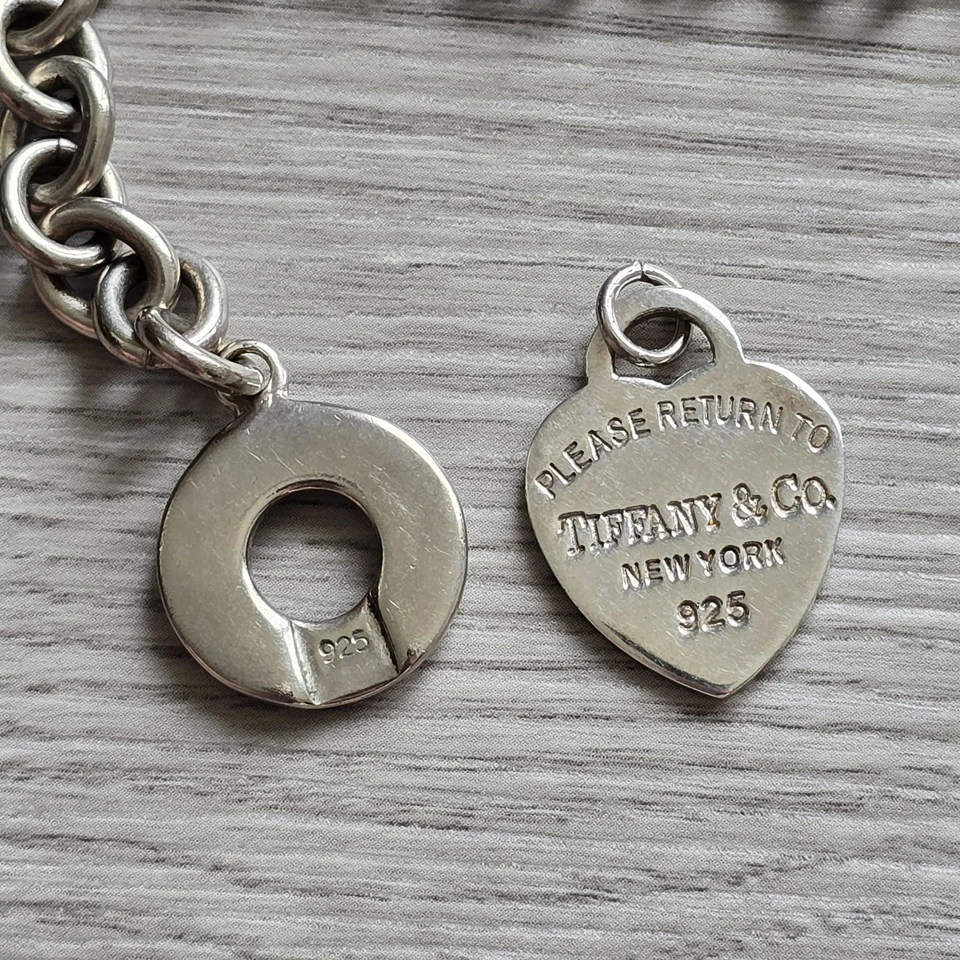 Tiffany Co. Silver 925 Sterling 60 Grams Heart Tag Charm Bracelet Chain 18"  - Image 2 of 4
