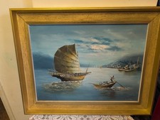 Japanese Junk Yard Boat Scene Oil Painting By L.LAM