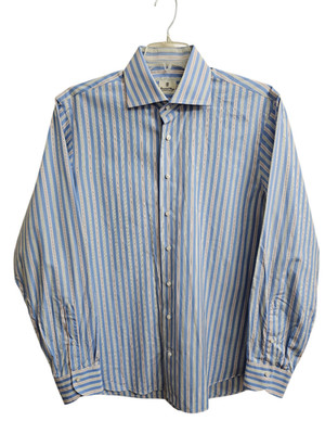 Emanuel Berg Luxury Dress Shirt Blue Stripe 100% Cotton Men Size L