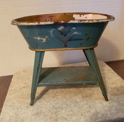 Antique German Painted Tin Metal Bathtub for Dolls, Blue, 6 1/2'' Tall