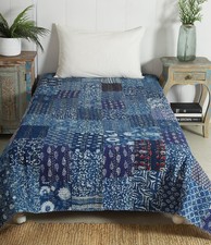 Indigo Blau Flickwerk Zwilling Bettwäsche Hand Bedruckt Kantha Decke Throw Kunst