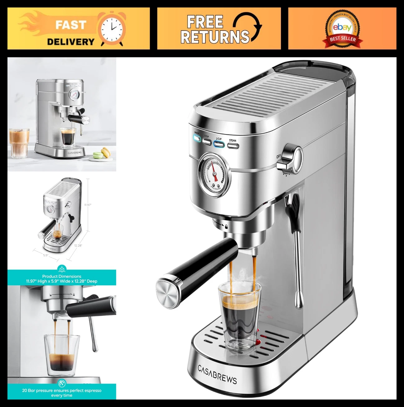 Compact 20 Bar Espresso Machine with Steam Frother, Stainless Steel, 34oz Tank