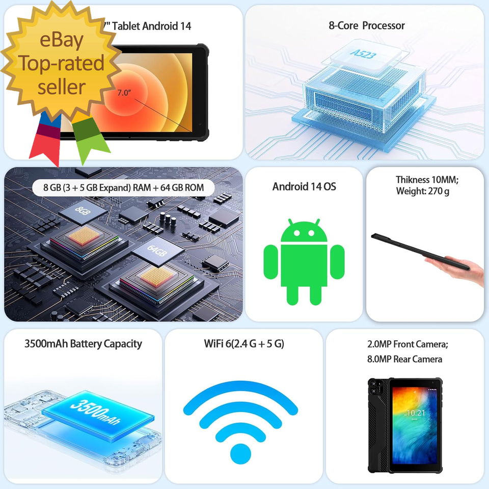 Android 14 Tablet 7 Inch 8GB RAM 64GB ROM Octa-Core 2.0Gh IPS Touch ...