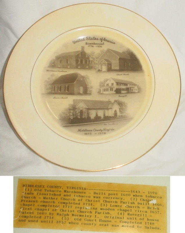 MIDDLESEX CNTY VA BICENTENNIAL 10" PLATE/Christ Church-Tobacco Warehouse-more