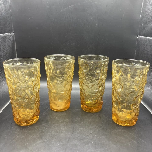 VTG Amber Glass Tumbler Drink Glasses Set Of 4 Lido Milano Gold Glass Crinkle