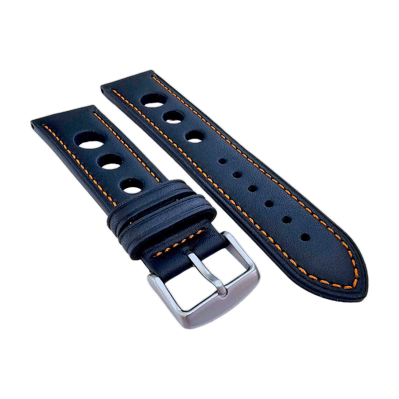 Premium Leather Watch Strap Band Rally Racing 18mm 20mm 22mm 24mm Black Orange