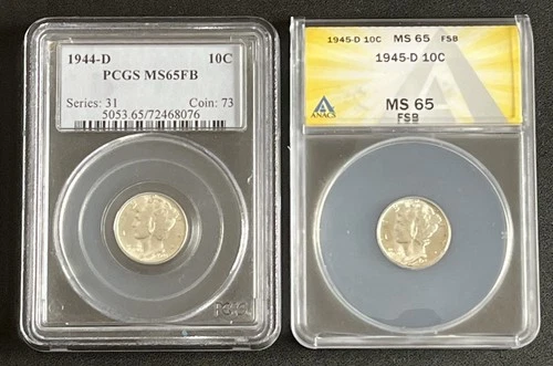 Lot of 2 Mercury Dimes 10c 1944-D & 1945-D  - MS65 FB  - PCGS & ANACS Slabs
