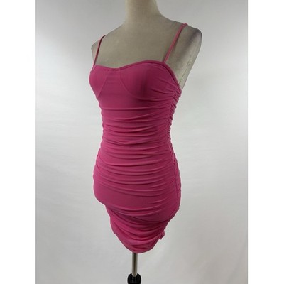 Superdown Emme Mini Dress Bright Bubblegum Pink XS Mesh Bodycon Ruched Shirred