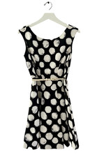 Eliza J Polka Dot Belted Sleeveless Flare Hem Dress Size 10P Black Cream