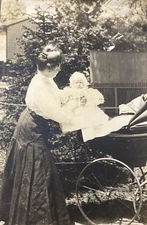 Antique 1900s Pretty Lady Taking Cute Baby Out of Carriage Original Photo P13i24