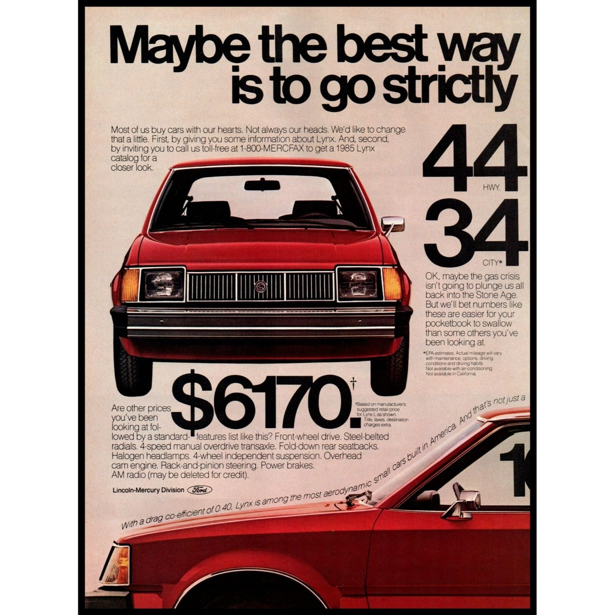 1985 Mercury Lynx Hatchback 2 Page Vintage Print Ad Fuel Economy