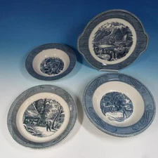 Royal China - Currier and Ives - 3 Serving Bowls, Cake Plate, Pie Plate