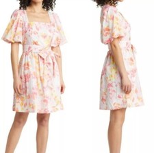 Eliza J Floral Print Cotton Square Neck Puff Sleeve Mini Dress Size 2 NWOT BB3