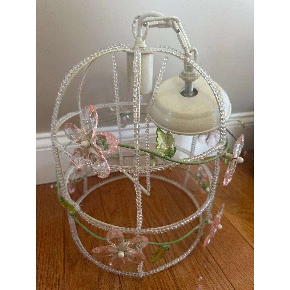 Pottery barn kids Chandelier Bird Cage Pink Crystal flower green leaves Nursery - Image 2 of 4
