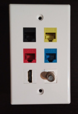 A/V Wall Plate HDMI Coax Ethernet Multi-Colored 6 Port  Cat 6 inserts Data Jacks