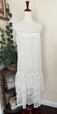 Vintage 60s Ivory Cream Lace Cami Tea Length Dress Tiered Lace Drop Waist