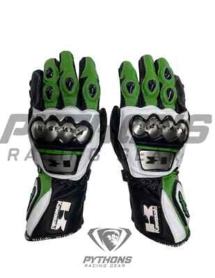 Kawasaki Ninja Racing Leather Gloves | Motorcycle Motorbike Riding Gloves