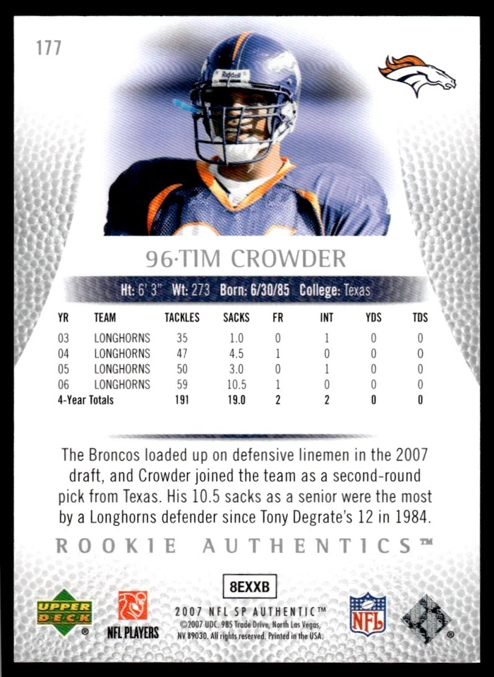 2007 SP Authentic Tim Crowder Rookie 609/999 Denver Broncos #177 R59 - Image 2 of 2