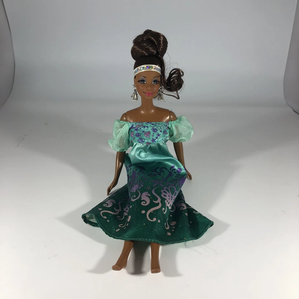 African American Black Barbie Doll Turquoise Shoulderless Dress Glitter Headband - Image 2 of 4