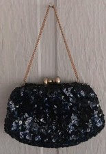 Vtg Black Sequin Shoulder Bag W/ Gold Chain Snap Close Evening Attire Purse