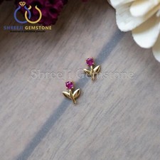 14k Solid Gold Natural Ruby Tulip Plant Mini Stud Earrings Anniversary Gift