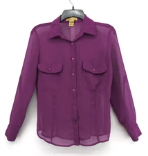 Notations Shirt Womens Size S Purple Sheer Roll Tab Long Sleeve Button Up Blouse
