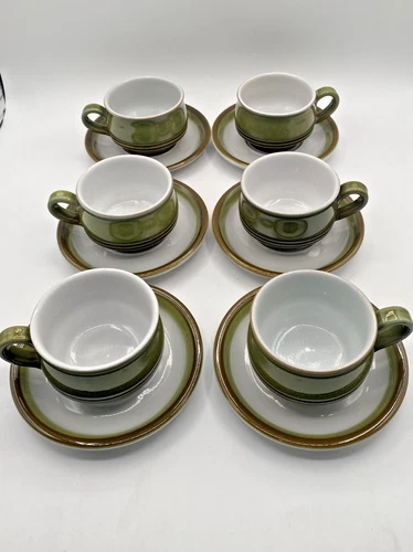 Vintage Denby Rochester Cups and Saucers England  Set Of 6 Green And Brown