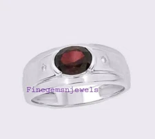Natural Garnet & CZ Gemstones with 925 Sterling Silver Men's Ring #F3911