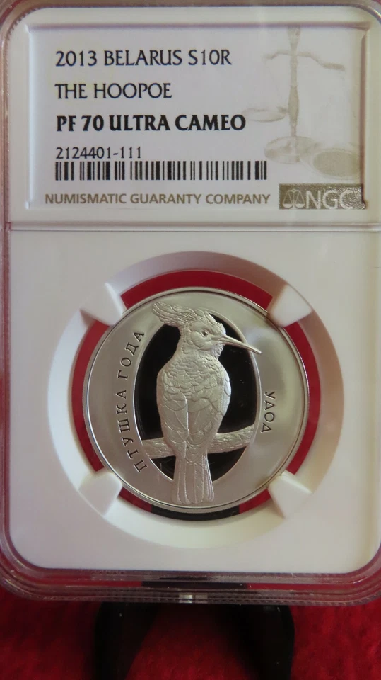 Moneda de plata Bielorrusia The Hoopoe 2013 NGC PCGS PF70 .999 10 rublos Foto 4 de 4