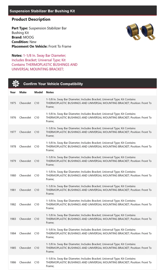Kit de buje de barra estabilizadora de suspensión para Chevrolet C10 1975-1986 MOOG 1975 1976 Foto 2 de 4