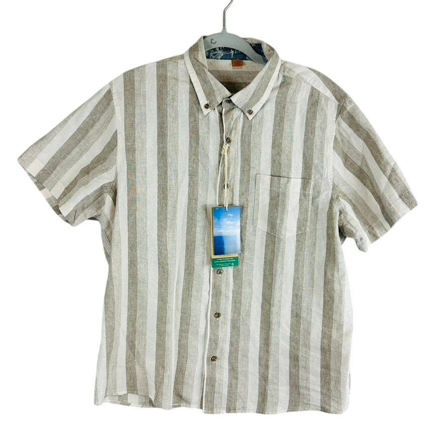 New Tailor Vintage Mens Large Shirt Stripe Button Linen Blend Short Sleeve NWT