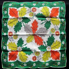 Vintage Hankie Colorful Leaves Galore Hand Rolled Hem 12" X 13"