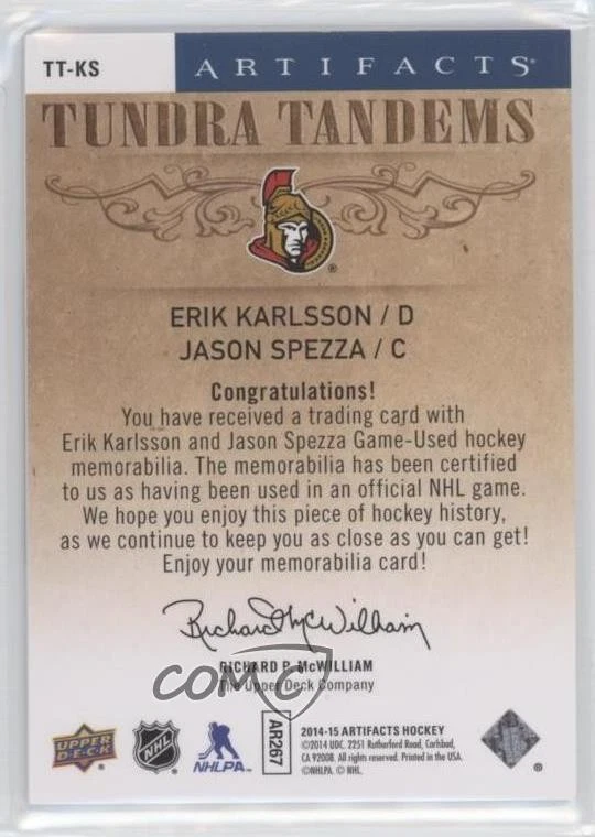2014 Artifacts Tundra Tandems Blue Dual Jersey Erik Karlsson Jason Spezza #TT-KS - Image 2 of 2