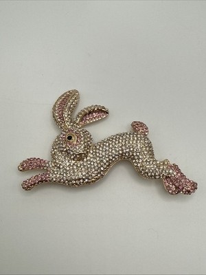 Beautiful 3.5  Long Pink & White Crystal Gold Tone Bunny Rabbit Brooch Pin
