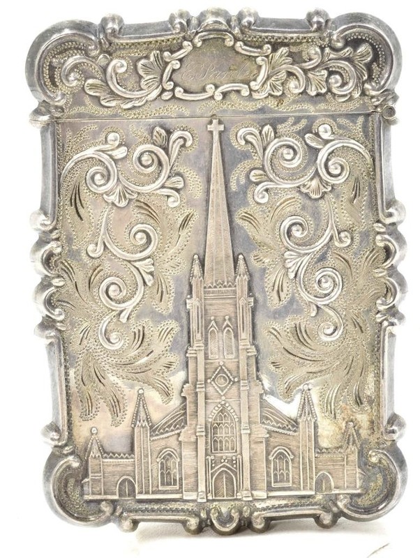 Antique pre 1850 Embossed Scenic card Case in Box Castle Top Hand Engraved WOW!