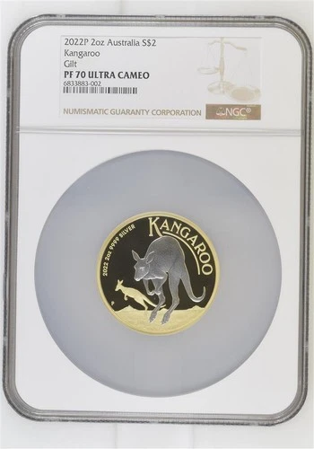 Australia 2022 P Kangaroo 2oz Silver Gilt $2 Coin NGC PF70